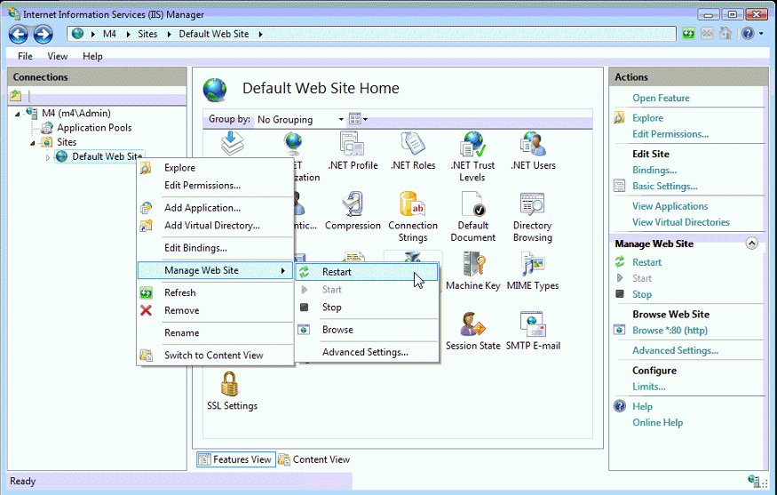 Where to restart website in IIS on Vista